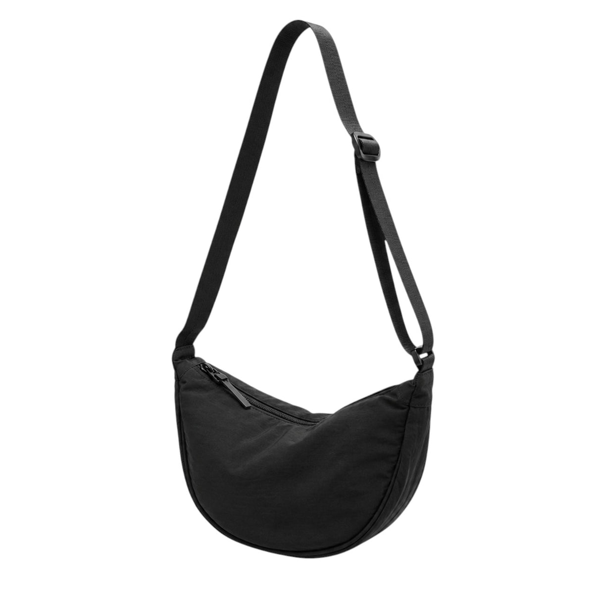 Sac banane demi-lune noir en nylon pour femme, Univers Sac, avec fermeture éclair et poche intérieure.