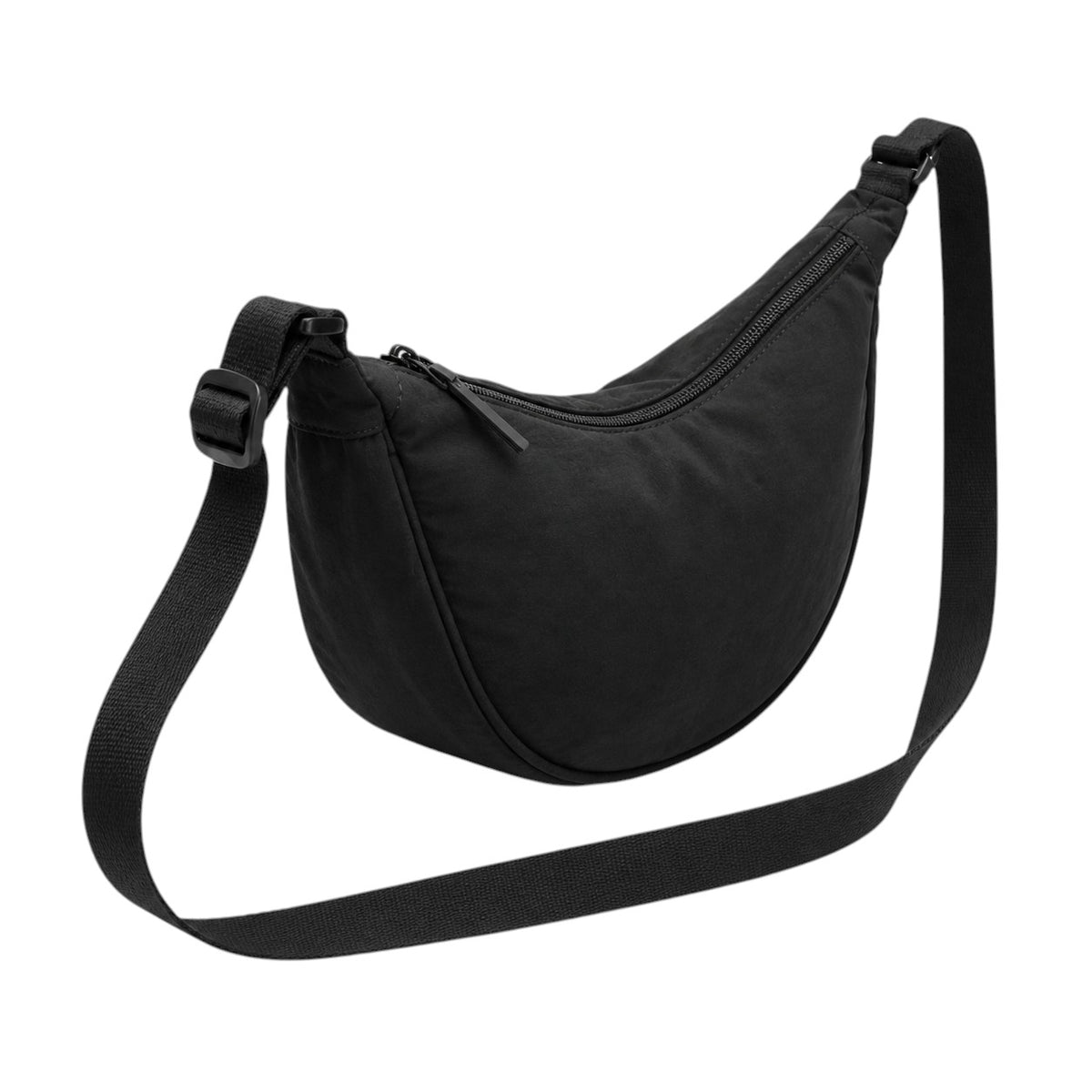 Sac banane demi-lune noir en nylon pour femme, Univers Sac, avec fermeture éclair et poche intérieure.