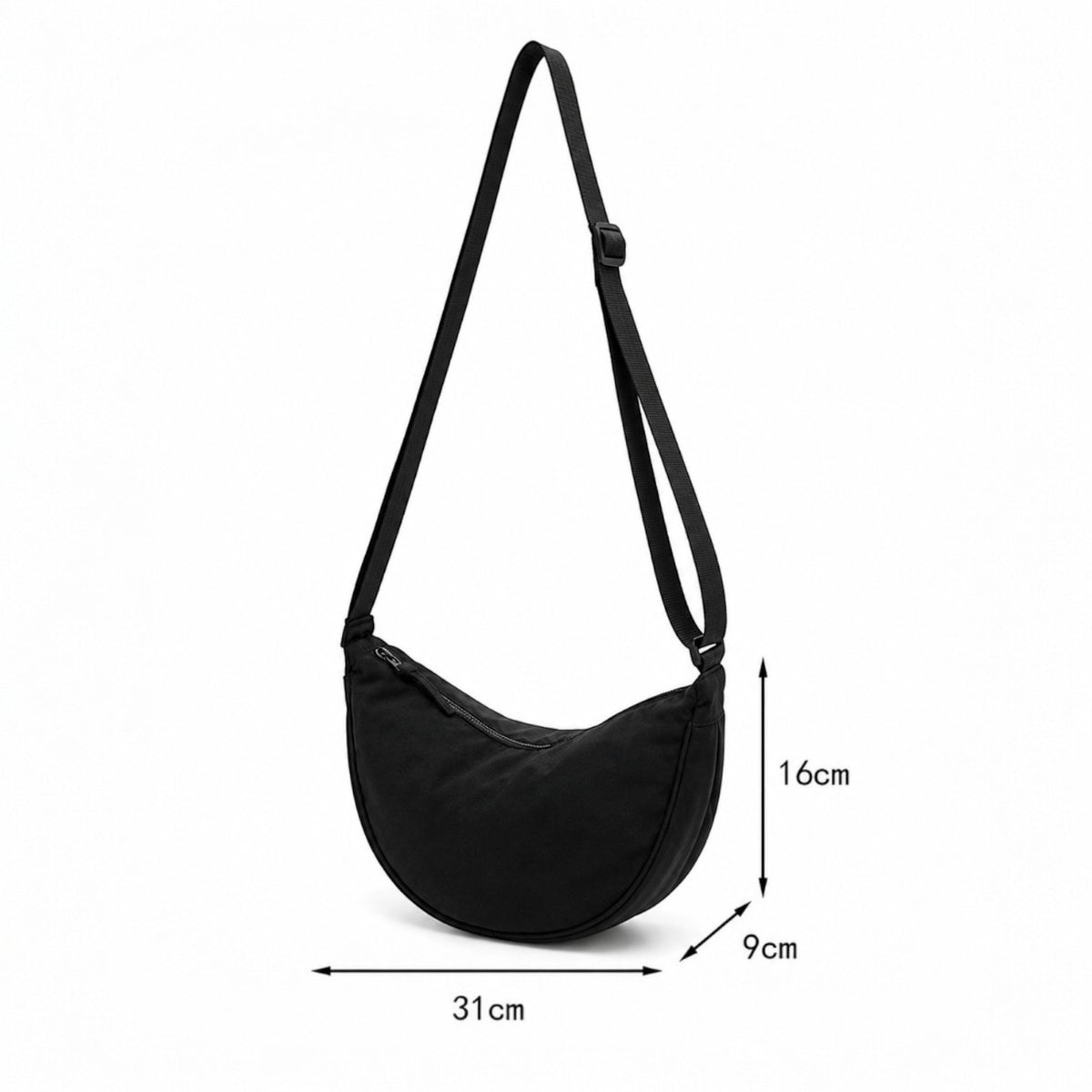 Sac banane demi-lune noir en nylon pour femme, fermeture éclair, poche intérieure, Univers Sac