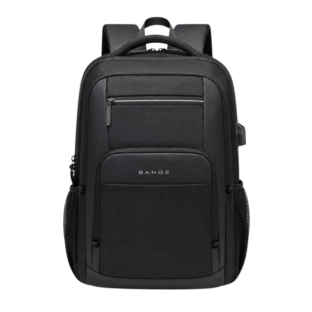 Sac à dos Bange noir en polyester avec port USB intégré, idéal pour le travail ou les voyages.