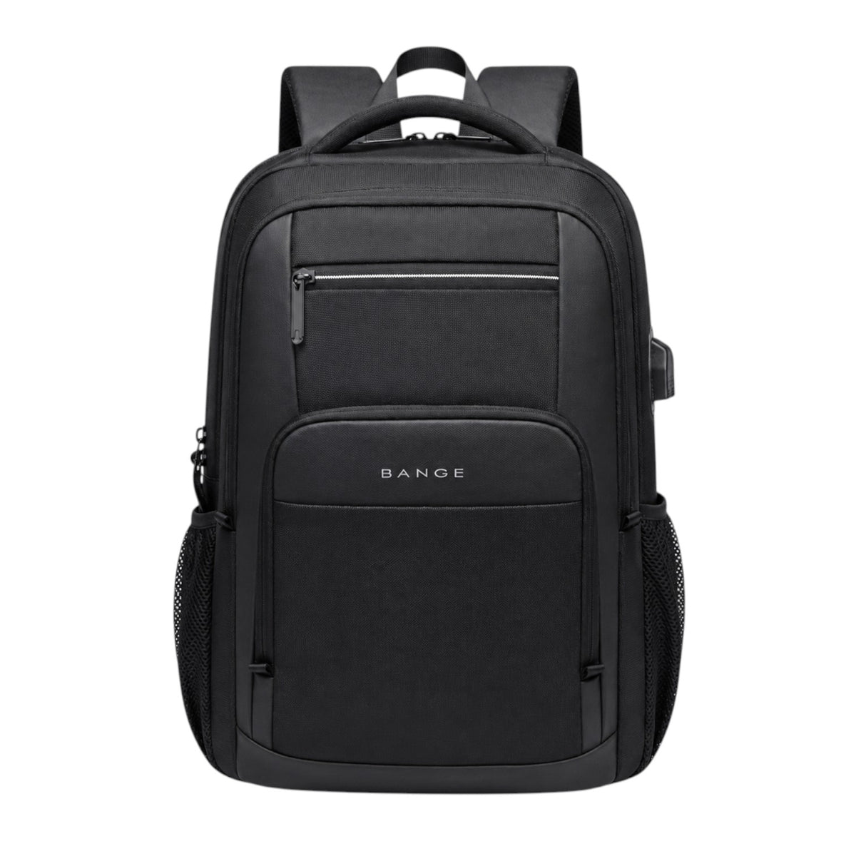 Sac à dos Bange noir en polyester avec port USB intégré, idéal pour le travail ou les voyages.