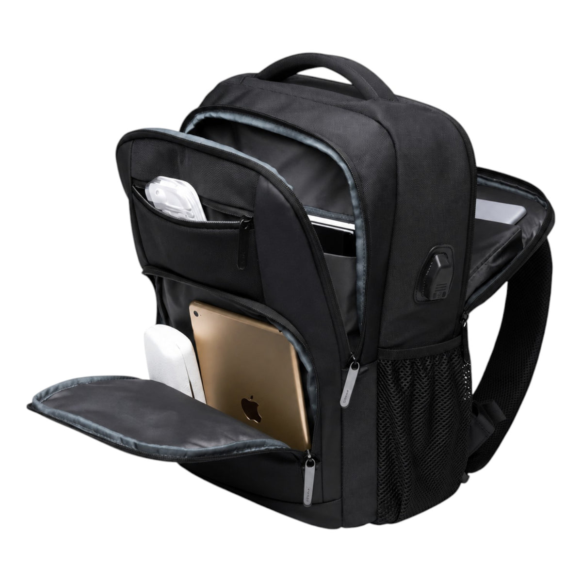 Sac à dos Bange noir en polyester avec port USB, idéal pour ordinateur portable et voyage.