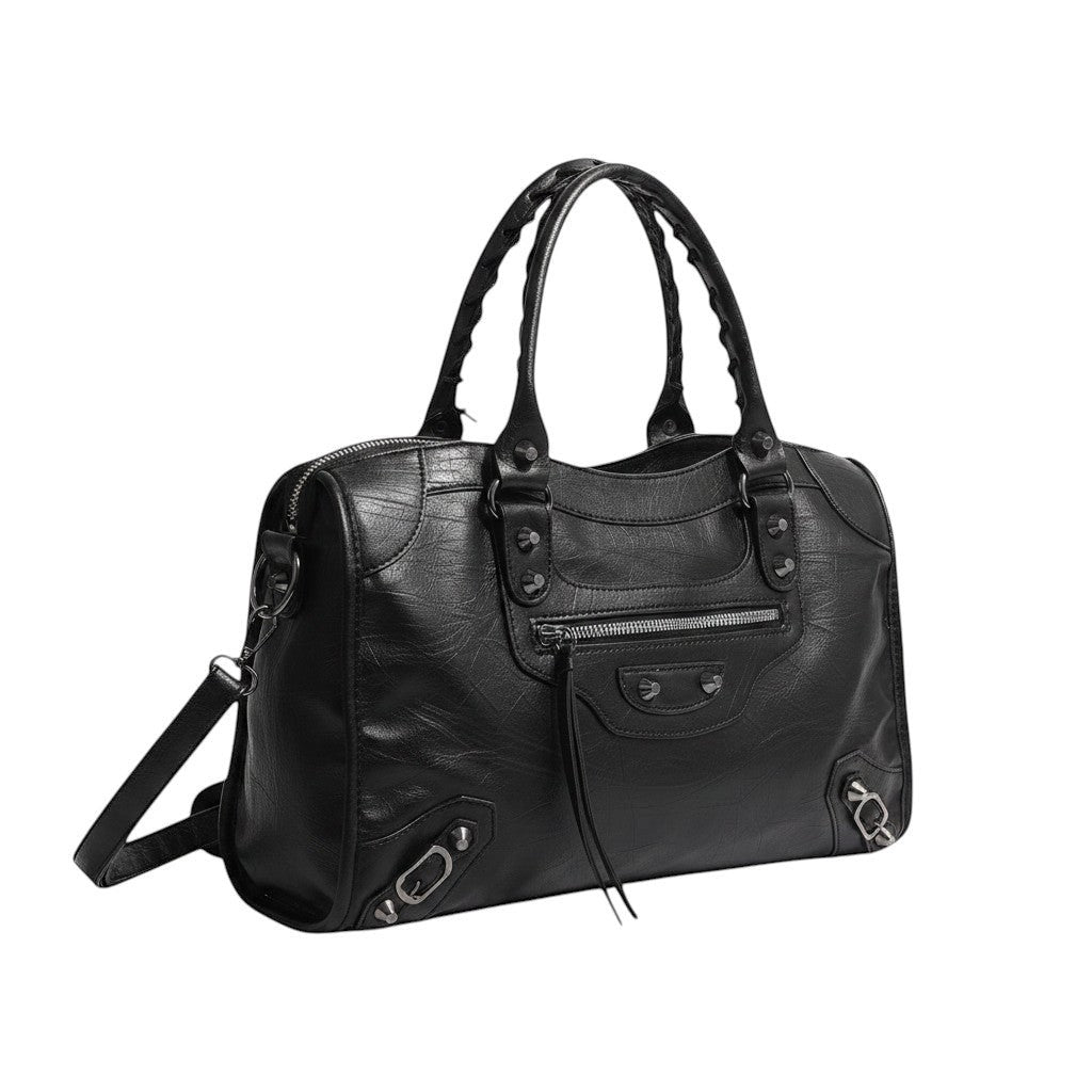 Univers Sac black faux leather shoulder bag with braided top handles, zip pockets, and silver hardware. Saddle shape.