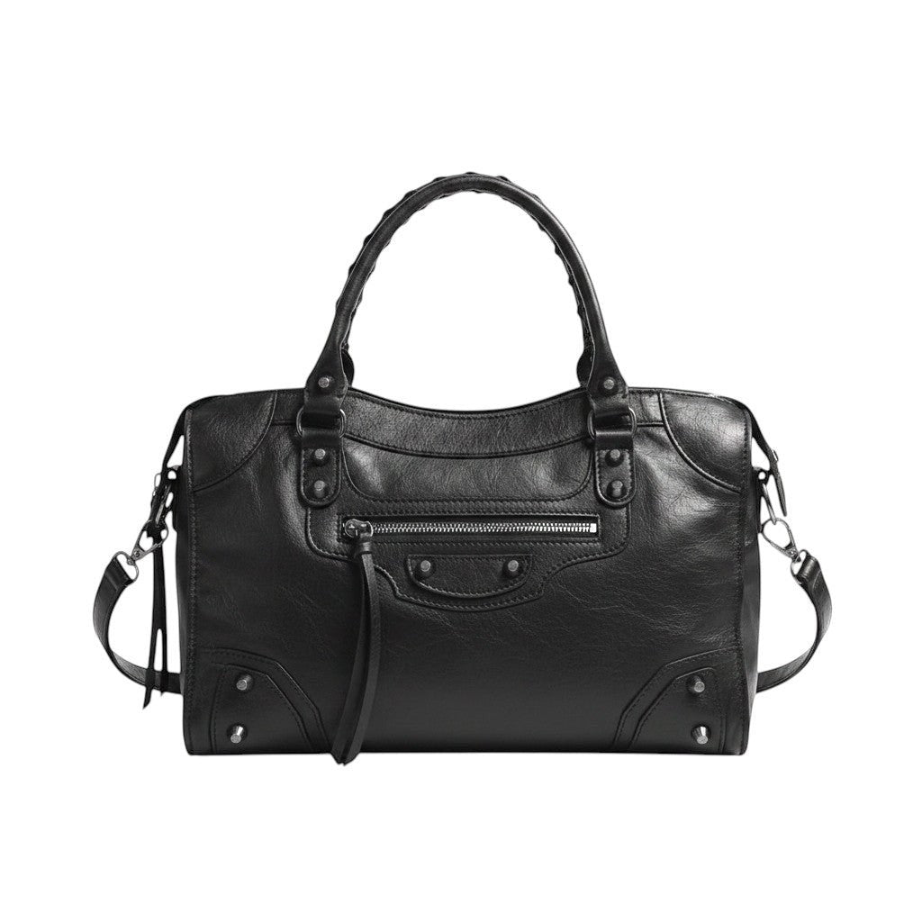Univers Sac black leather saddle-shaped shoulder bag with single strap and studded details.