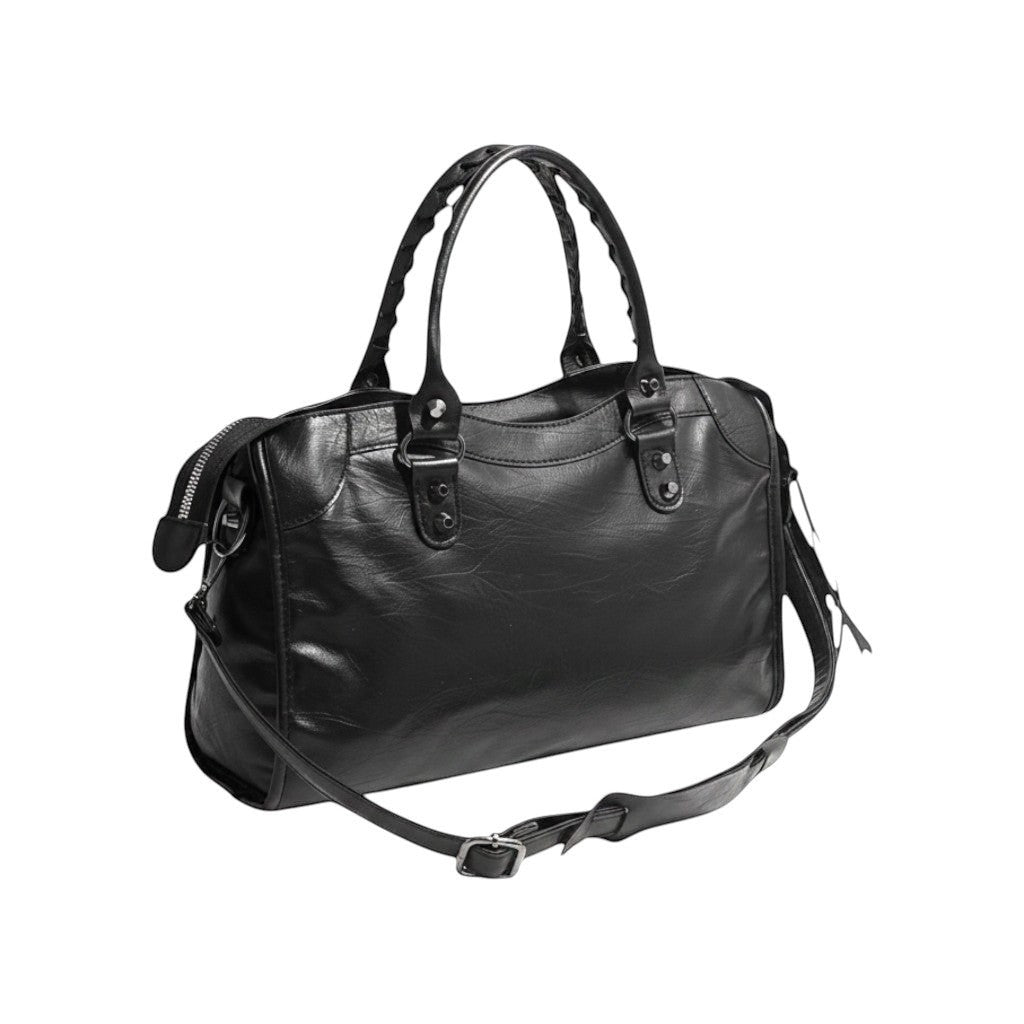 Univers Sac black PU leather saddle shoulder bag with braided handles and adjustable strap.