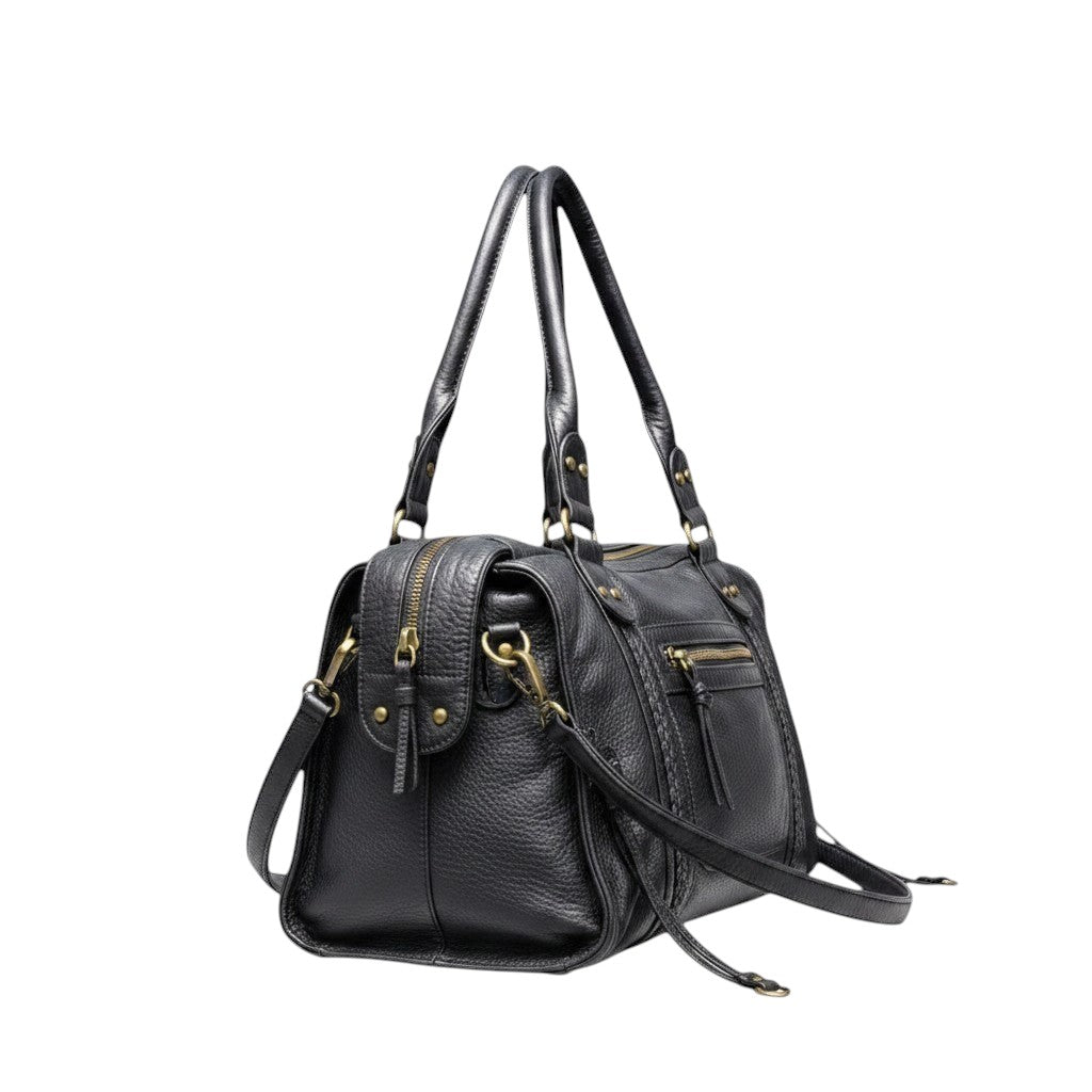 Univers Sac black PU leather tote handbag with braided detail, zipper pockets, and double straps.