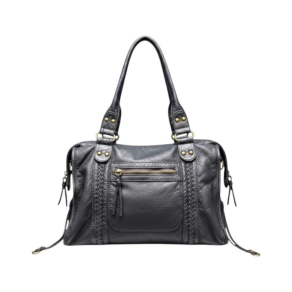 Univers Sac black PU leather tote handbag with braided details and zipper closure. Versatile style for women.