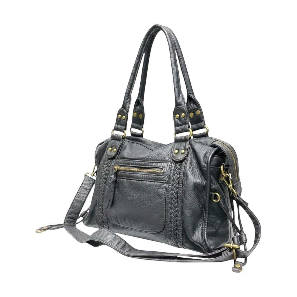 Univers Sac black PU leather tote handbag with braided detail, zipper pocket, and gold-tone hardware.