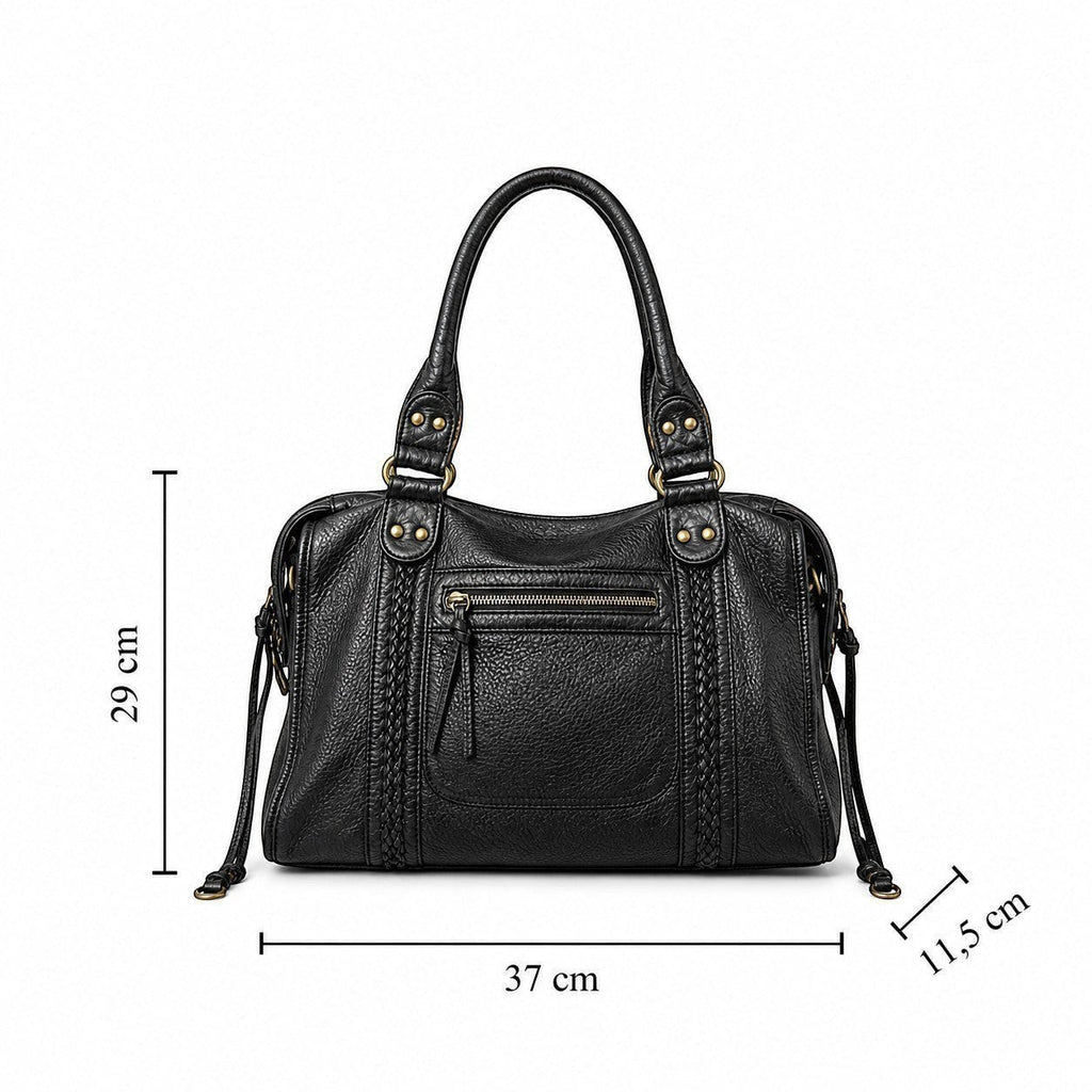 Univers Sac black PU leather tote handbag with braided details and zipper closure, versatile for women.