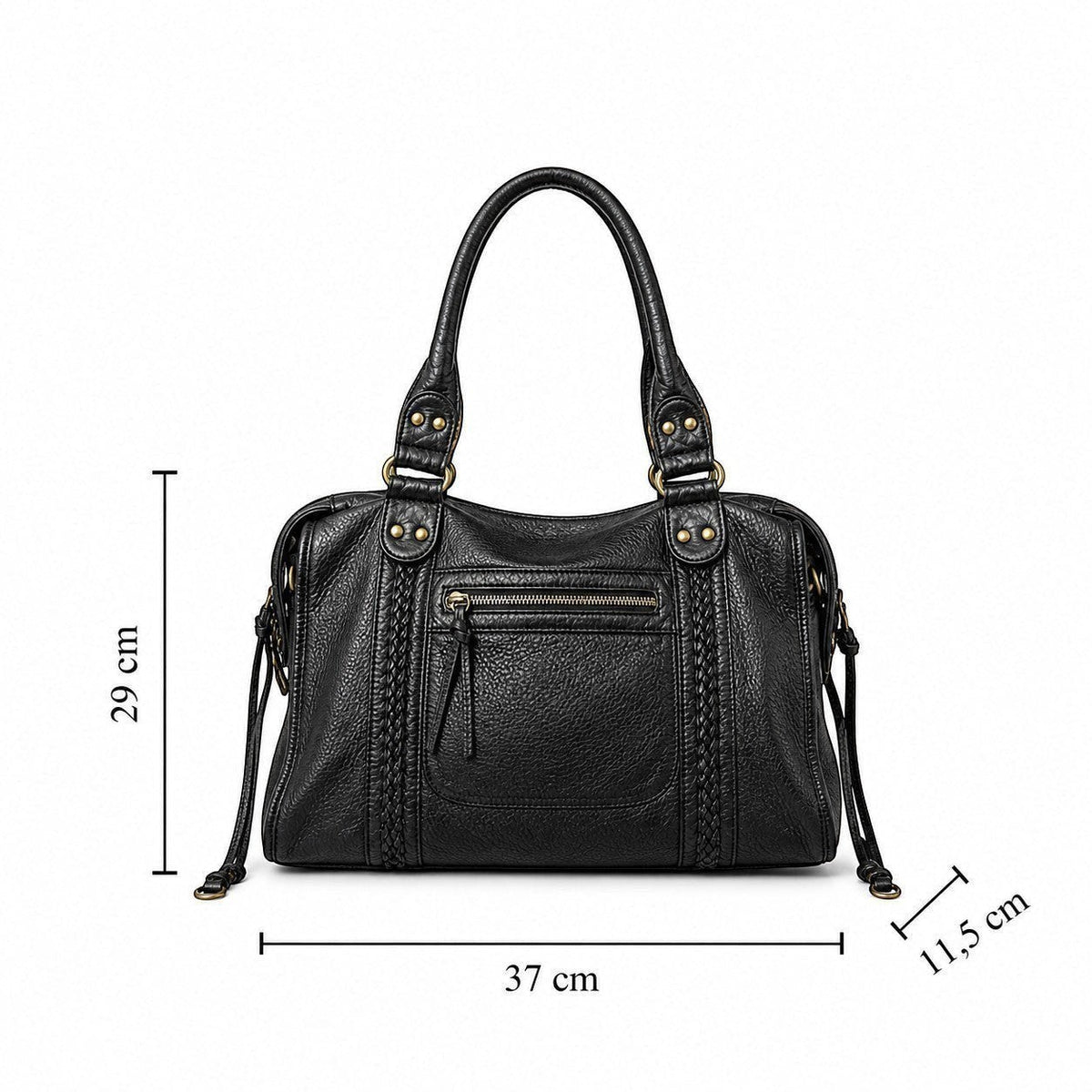 Univers Sac black PU leather tote handbag with braided details and zipper closure, versatile for women.