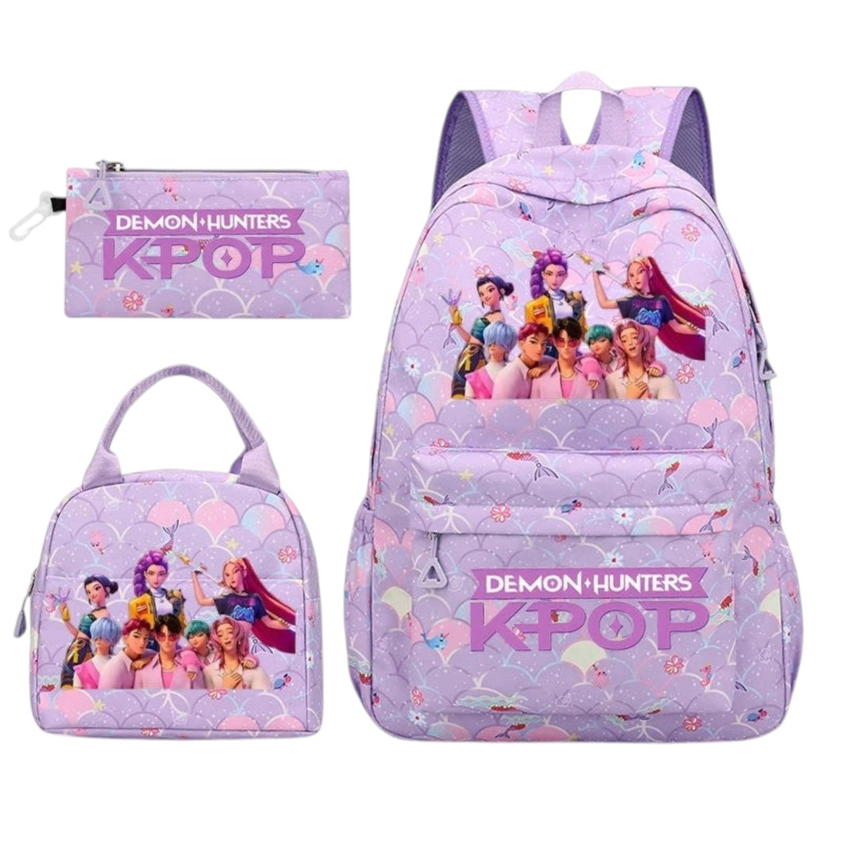 Ensemble de 3 sacs Univers Sac violet avec motif écailles et personnages KPop Demon Hunters en polyester durable