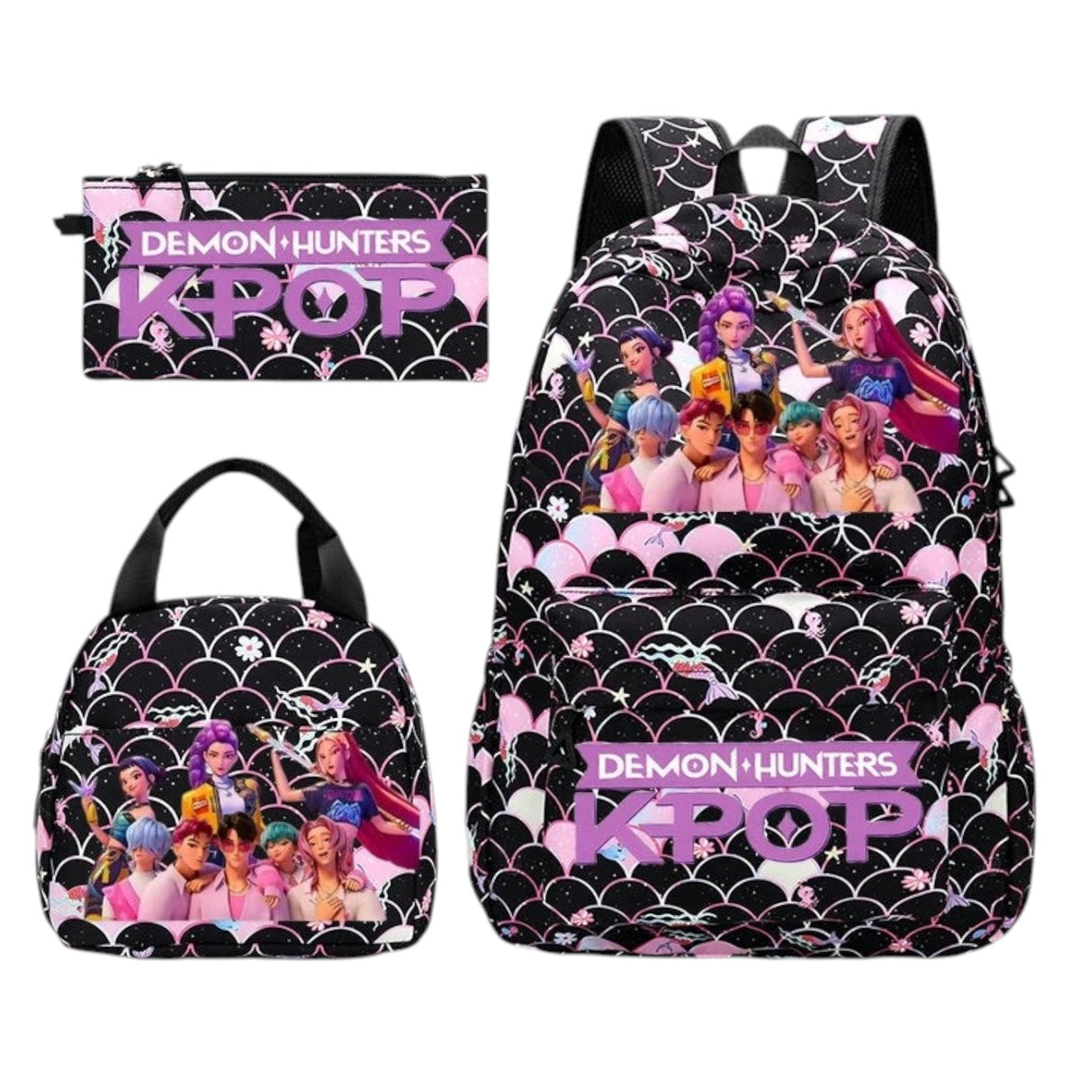 Ensemble de 3 sacs Univers Sac Demon Hunters KPop en polyester noir avec motifs écailles roses et personnages animés