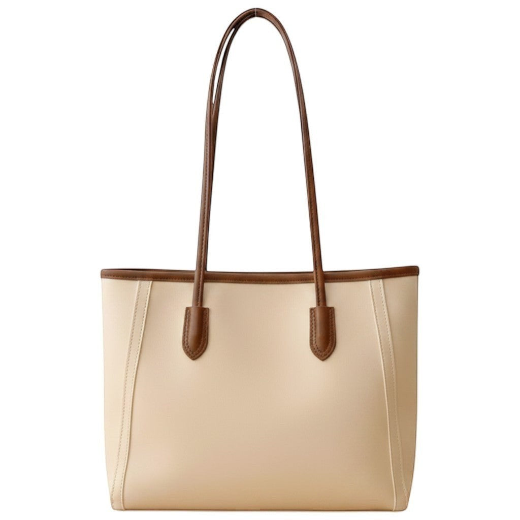 Sac cabas beige en cuir PU avec garniture marron, grand format, idéal pour un usage quotidien.