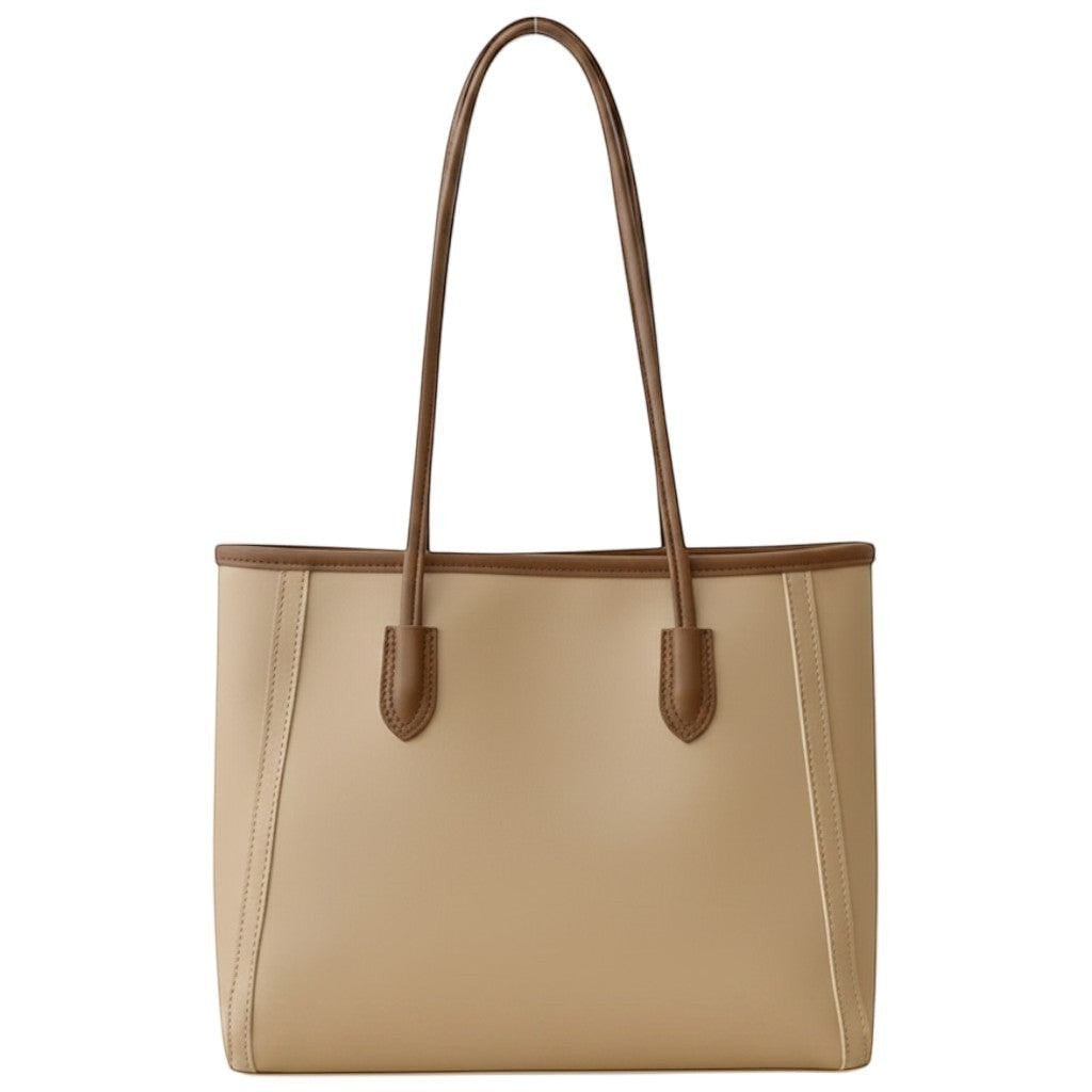 Sac cabas beige en cuir PU avec garniture marron, grand format, idéal pour un usage quotidien.