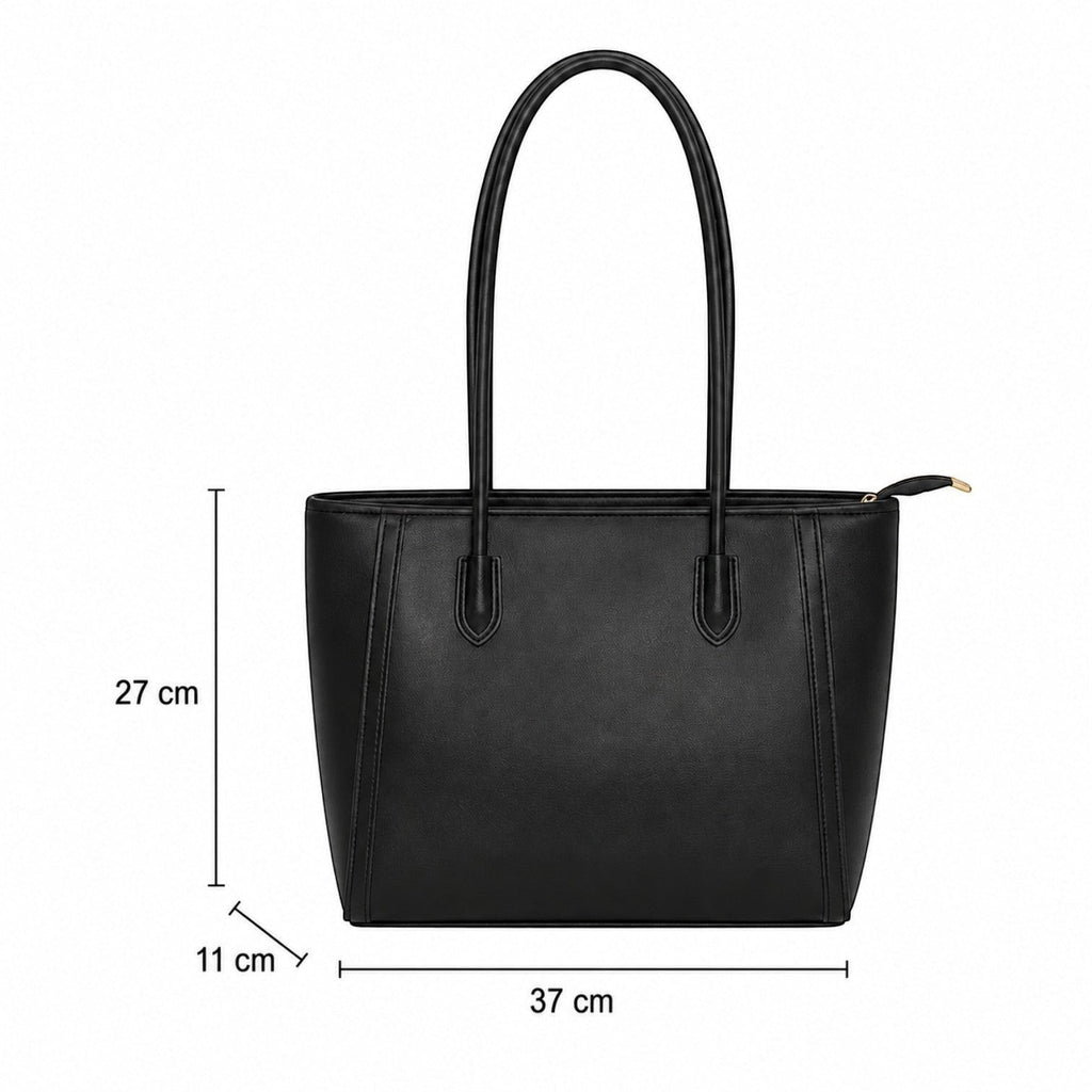 Sac cabas noir en cuir PU pour femme, grand format, avec fermeture éclair dorée et dimensions 37x27x11 cm.