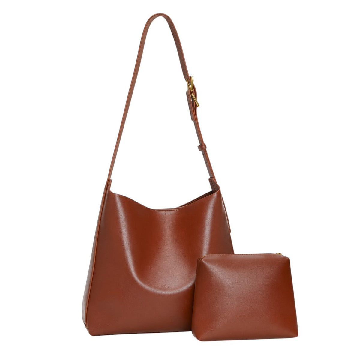 Grand sac bandoulière marron en cuir PU pour femme, avec pochette assortie, fermeture éclair, style mode.