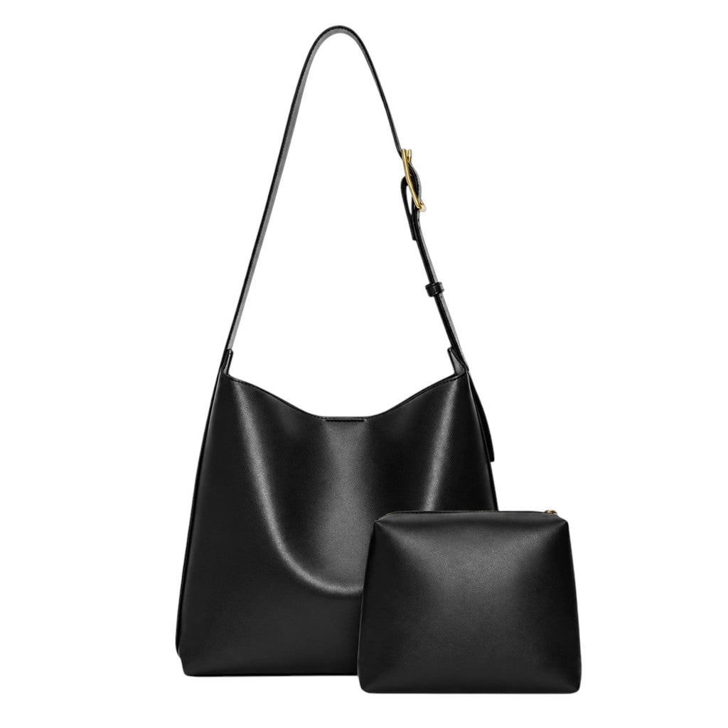 Grand sac bandoulière noir en cuir PU souple, avec pochette assortie, par Univers Sac