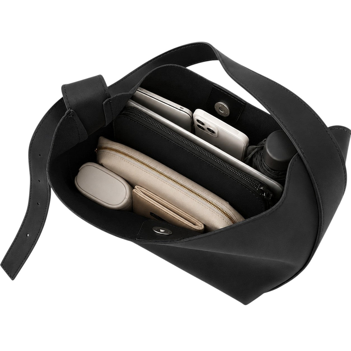 Sac bandoulière noir en cuir PU pour femme, grand format, avec compartiments intérieurs pour téléphone et portefeuille. Univers Sac.