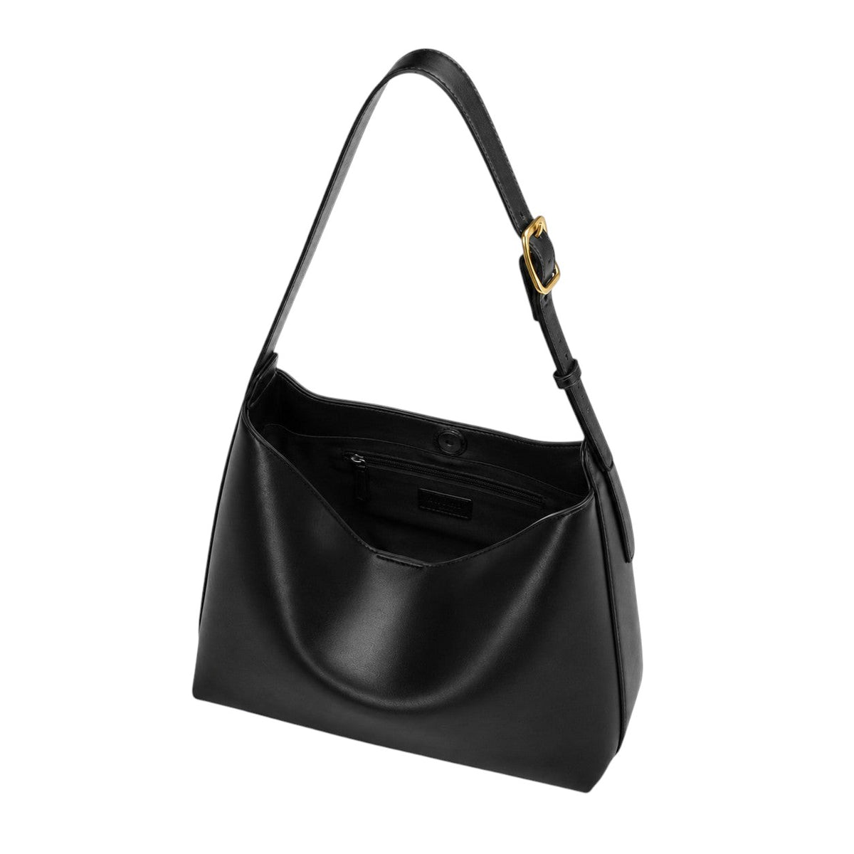 Grand sac bandoulière noir en cuir PU pour femme, Univers Sac, avec fermeture éclair et poche extérieure ouverte.