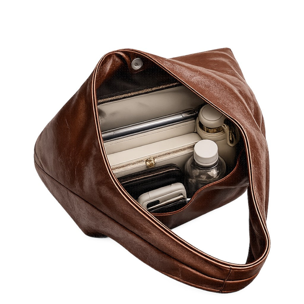 Grand sac à main marron en cuir PU pour femme, avec fermeture à fermoir, idéal pour un usage polyvalent.