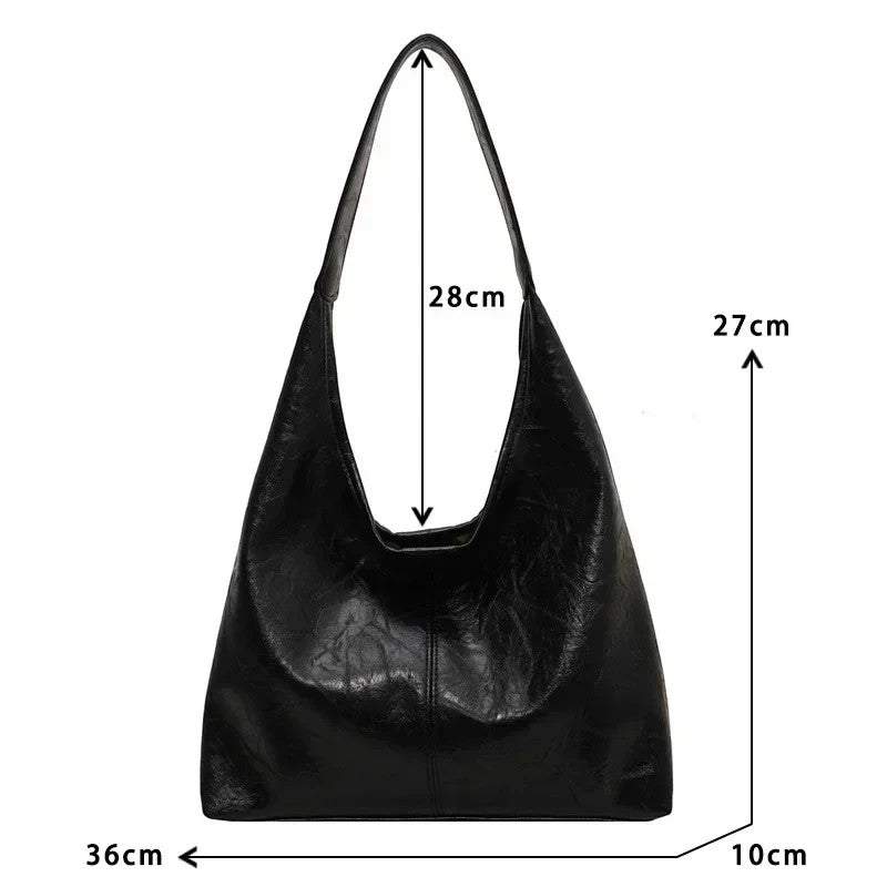 Grand sac à main noir en cuir PU pour femme, style baguette, fermeture à fermoir, idéal pour un usage polyvalent.