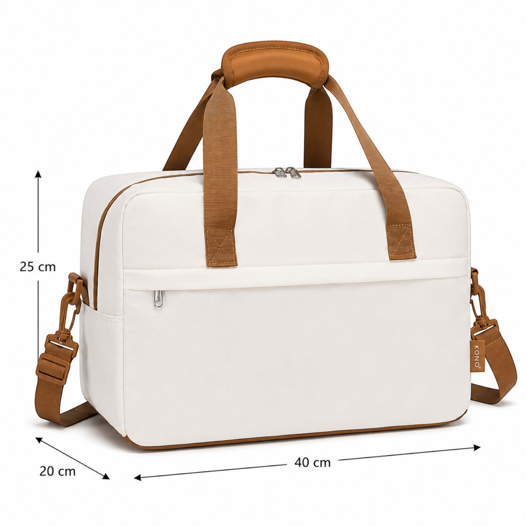 Sac de voyage Univers Sac Kono blanc et marron, format cabine 40x20x25 cm, en polyester léger avec bandoulière.