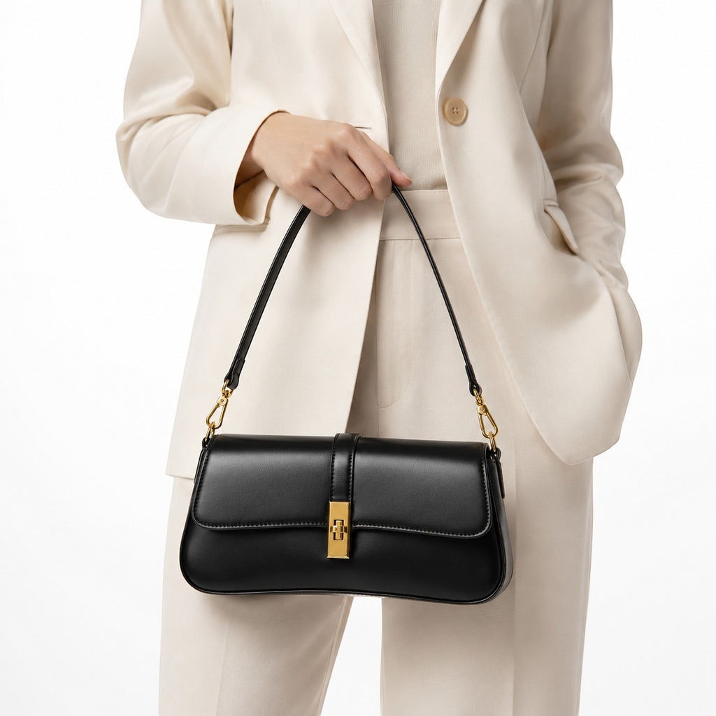 Pochette bandoulière noire en PU avec fermoir doré, par Univers Sac