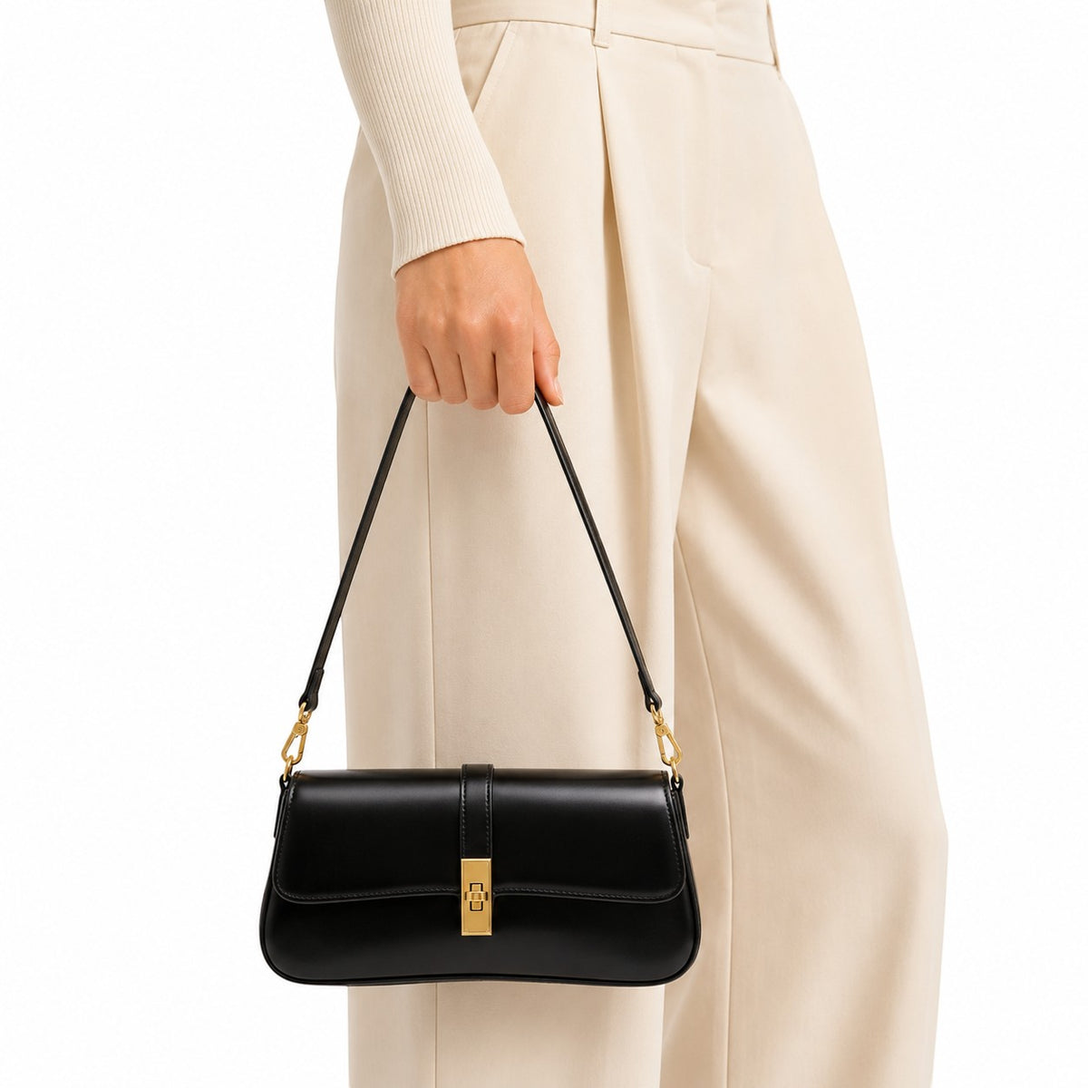 Pochette bandoulière noire en PU de Univers Sac avec fermoir doré, idéale pour femmes.