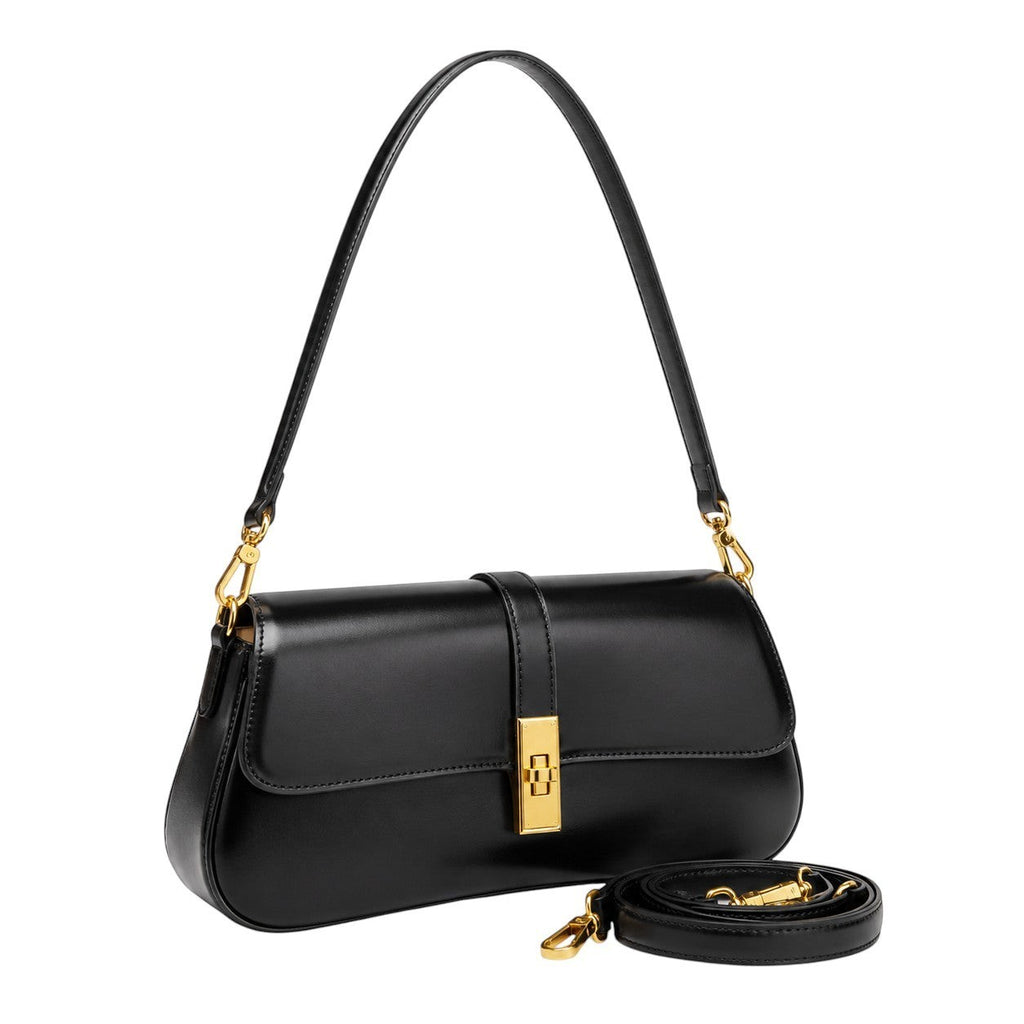 Pochette bandoulière noire en PU de la marque Univers Sac avec fermoir doré et bandoulière amovible.