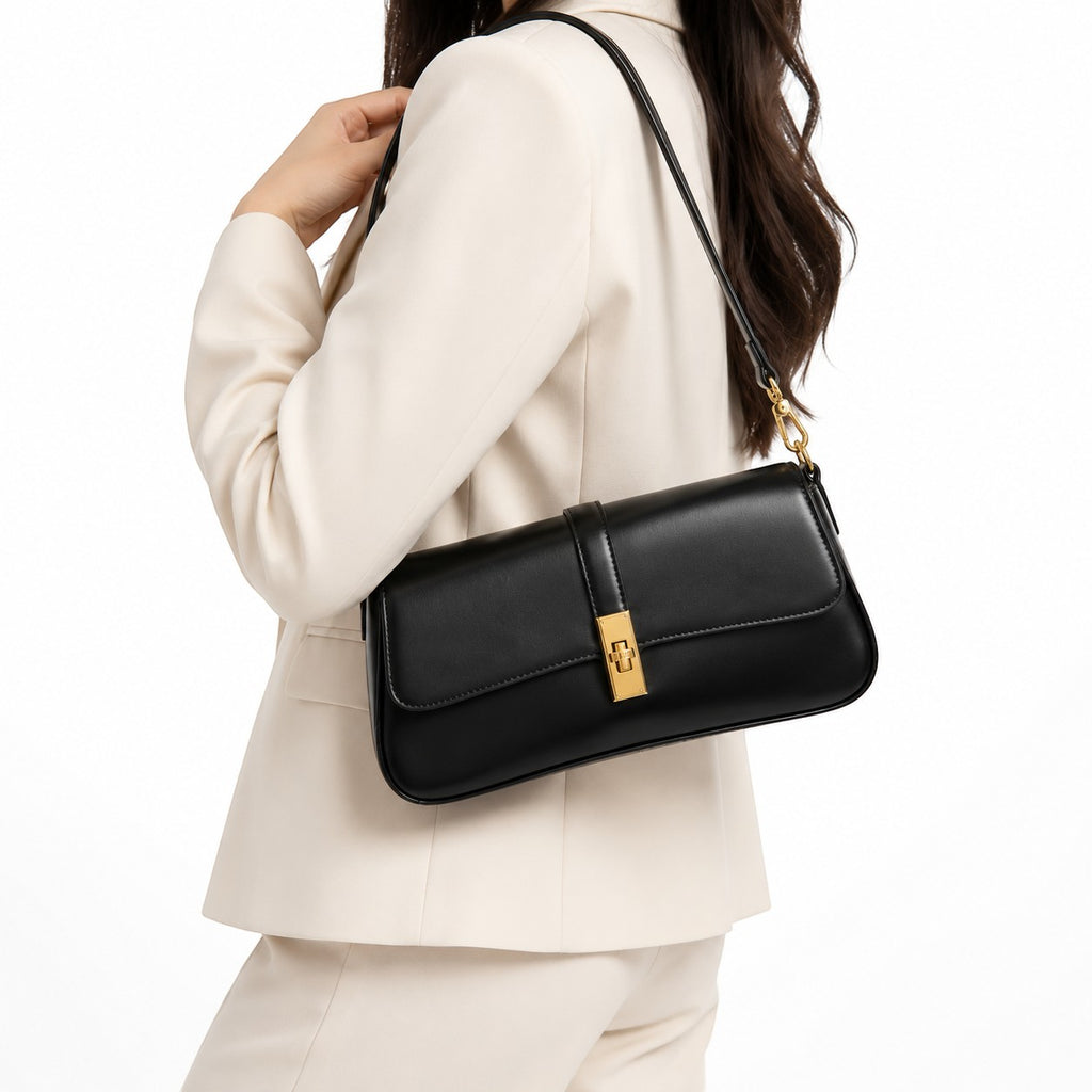 Pochette bandoulière noire en PU avec fermoir doré, par Univers Sac
