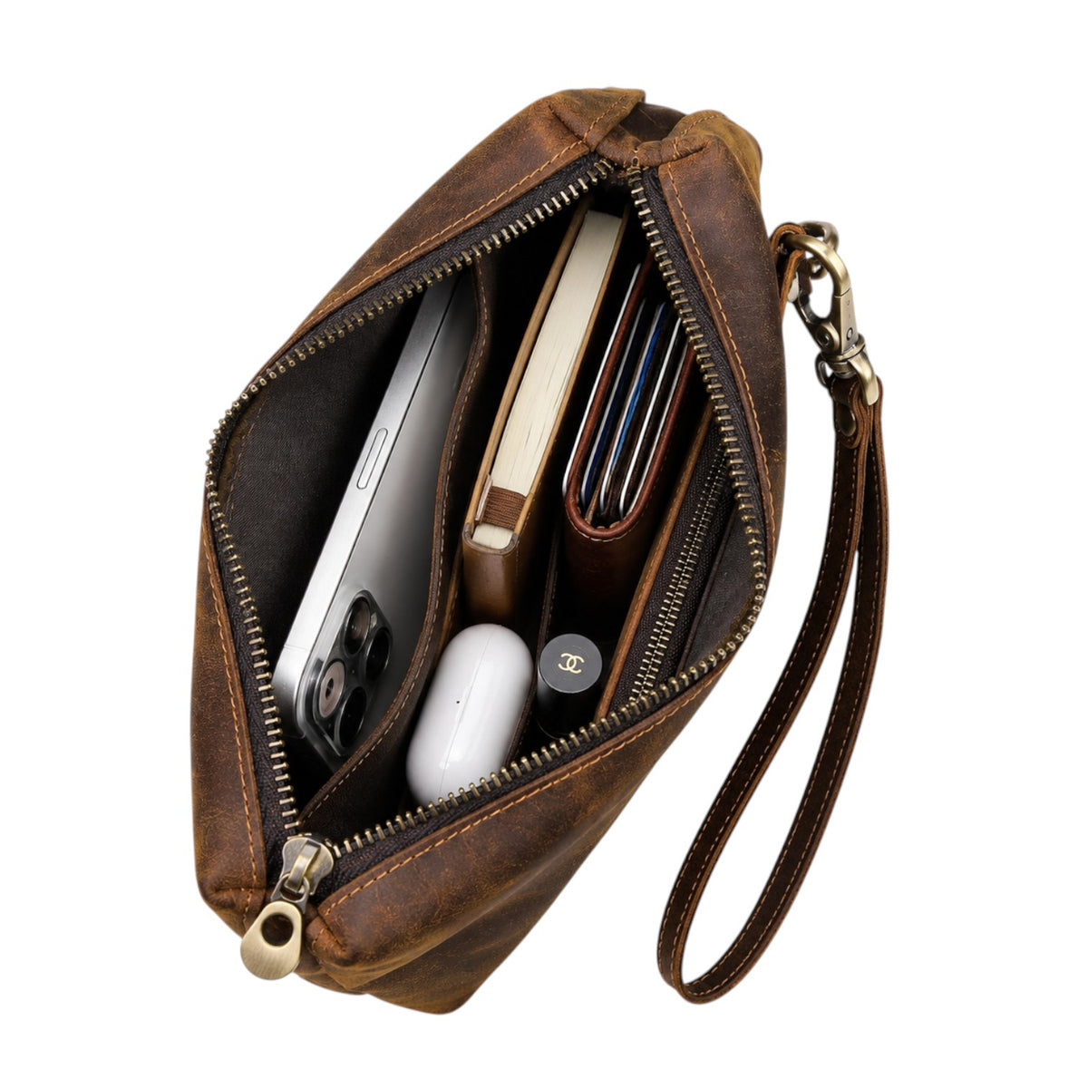 Pochette Univers Sac en cuir véritable Crazy Horse couleur café, ouverte avec compartiments pour téléphone et cartes