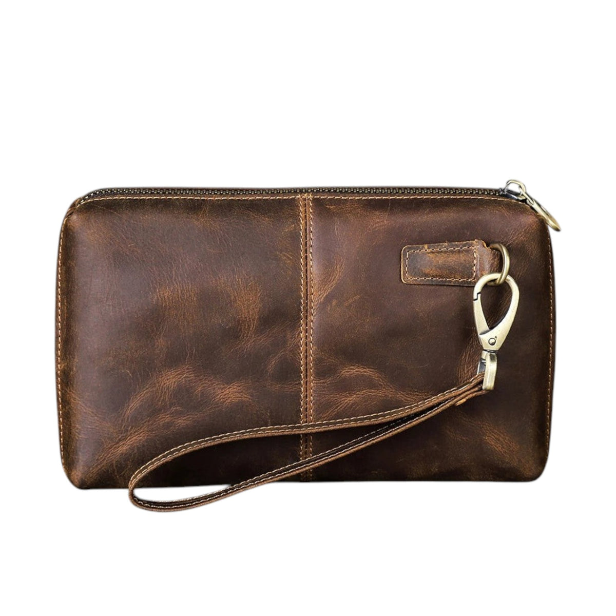 Pochette Univers Sac pour homme en cuir véritable Crazy Horse couleur café avec dragonne et fermeture éclair