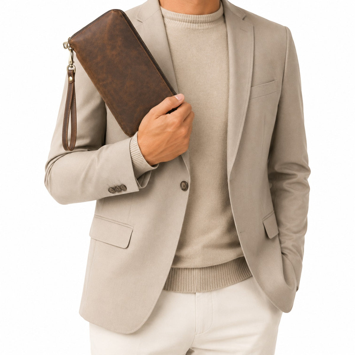 Pochette Univers Sac en cuir véritable marron style vintage tenue par un homme en blazer beige élégant