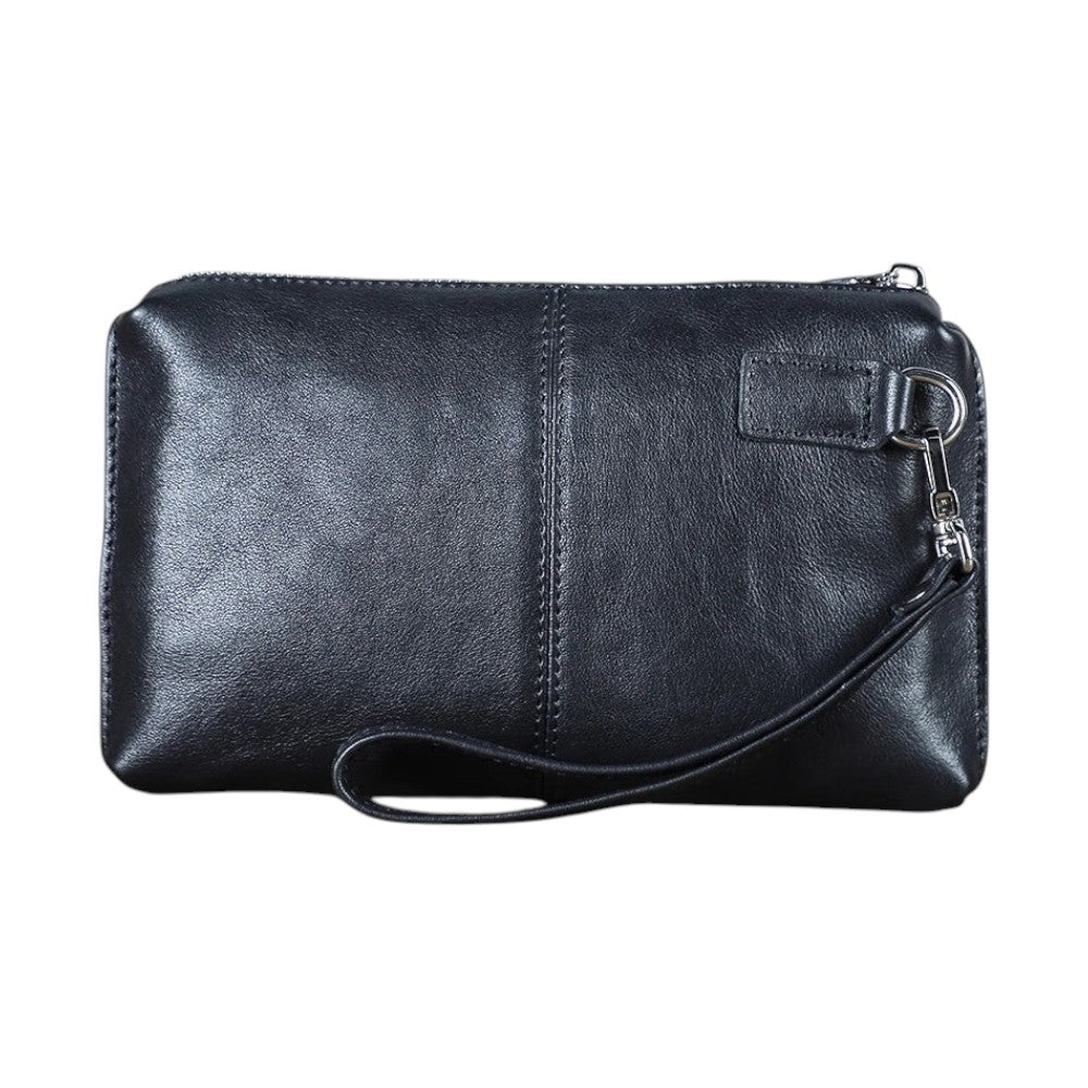 Pochette Univers Sac pour homme en cuir véritable noir style vintage avec dragonne amovible et fermeture éclair
