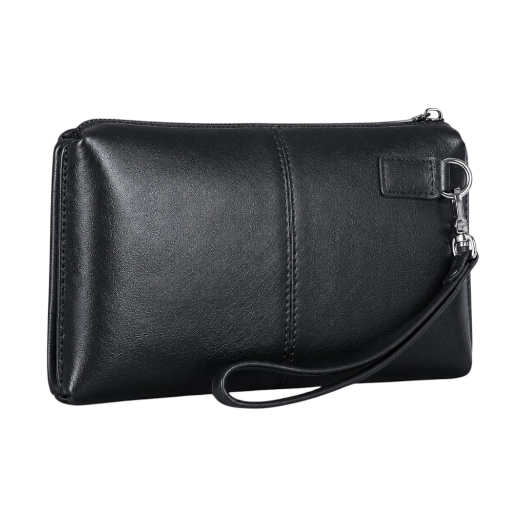 Pochette Univers Sac en cuir véritable noir style vintage avec dragonne amovible et fermeture éclair sécurisée