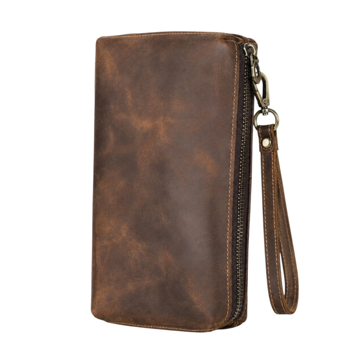 Pochette Univers Sac vintage en cuir véritable Crazy Horse couleur café avec dragonne et fermeture éclair robuste