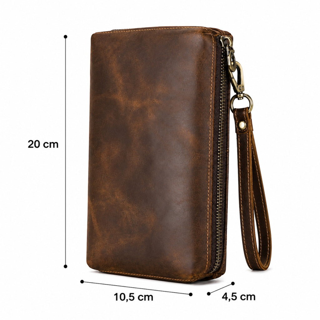 Pochette Univers Sac vintage en cuir véritable Crazy Horse couleur café avec dragonne et fermeture éclair robuste