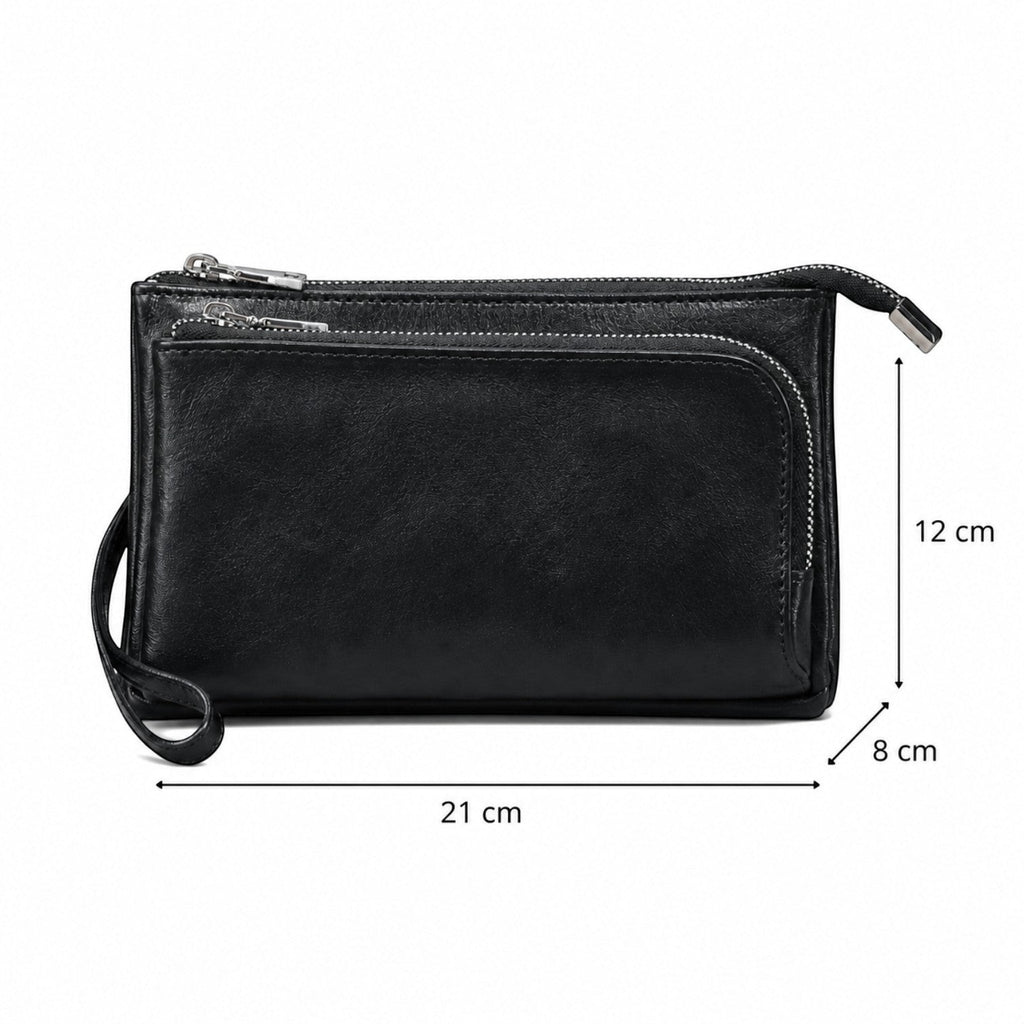 Pochette homme en cuir véritable couleur café par Univers Sac, design compact avec fermetures éclair et dragonne.