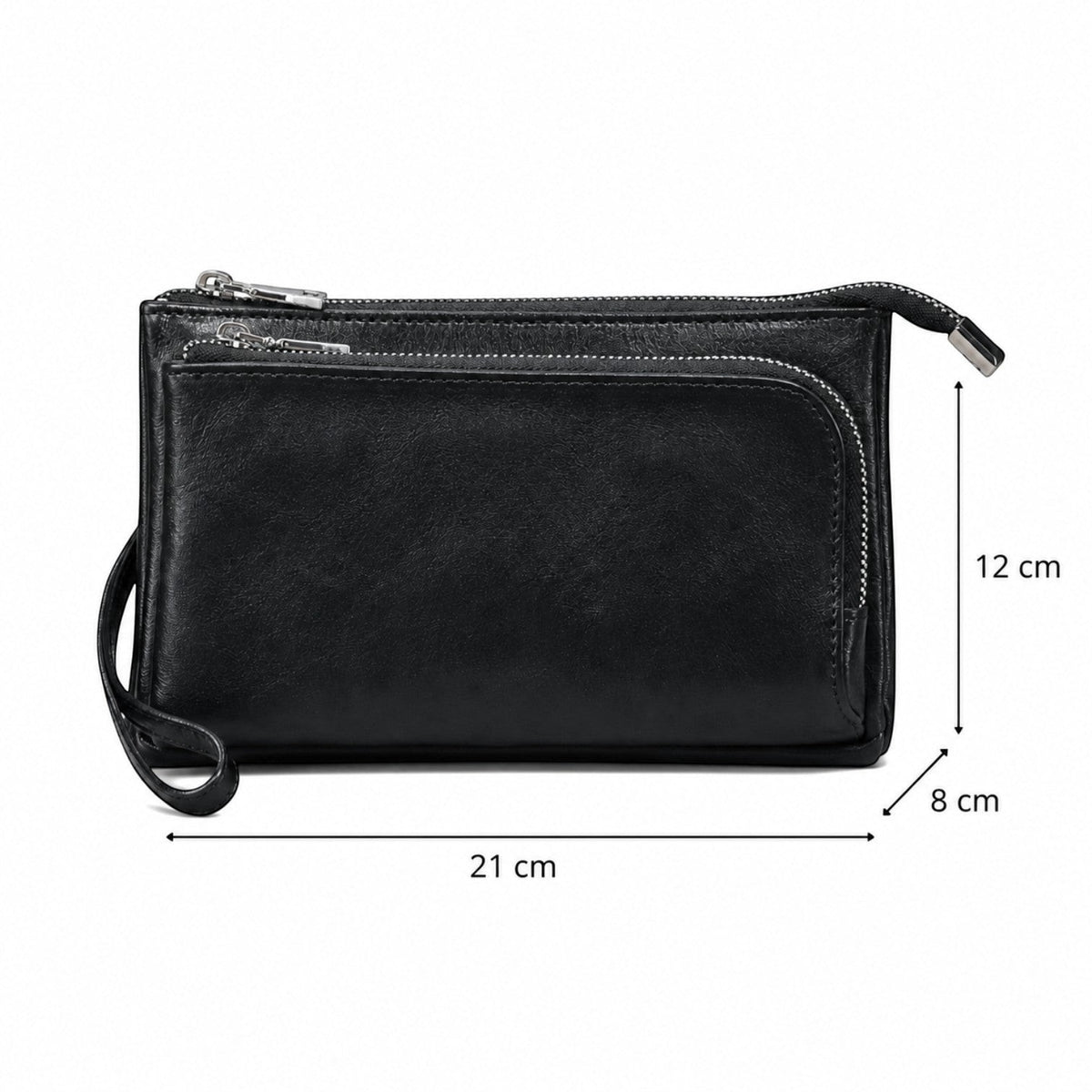 Pochette homme en cuir véritable couleur café par Univers Sac, design compact avec fermetures éclair et dragonne.