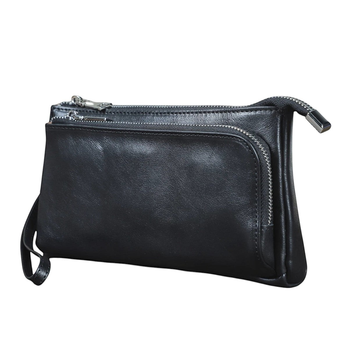 Pochette homme Univers Sac en cuir véritable couleur café avec fermetures éclair multiples et dragonne pratique