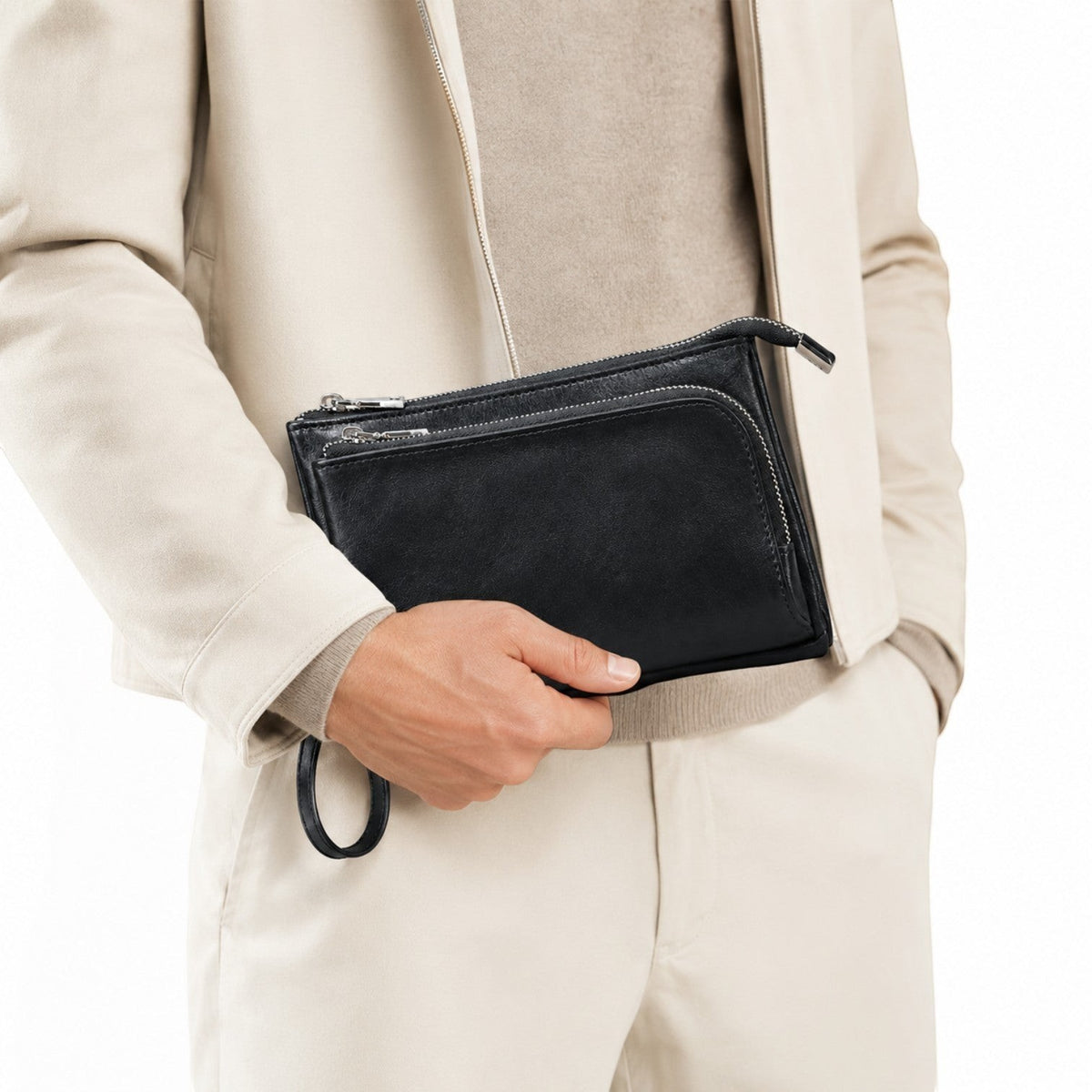 Pochette homme Univers Sac en cuir véritable couleur café, style décontracté avec fermeture éclair et dragonne