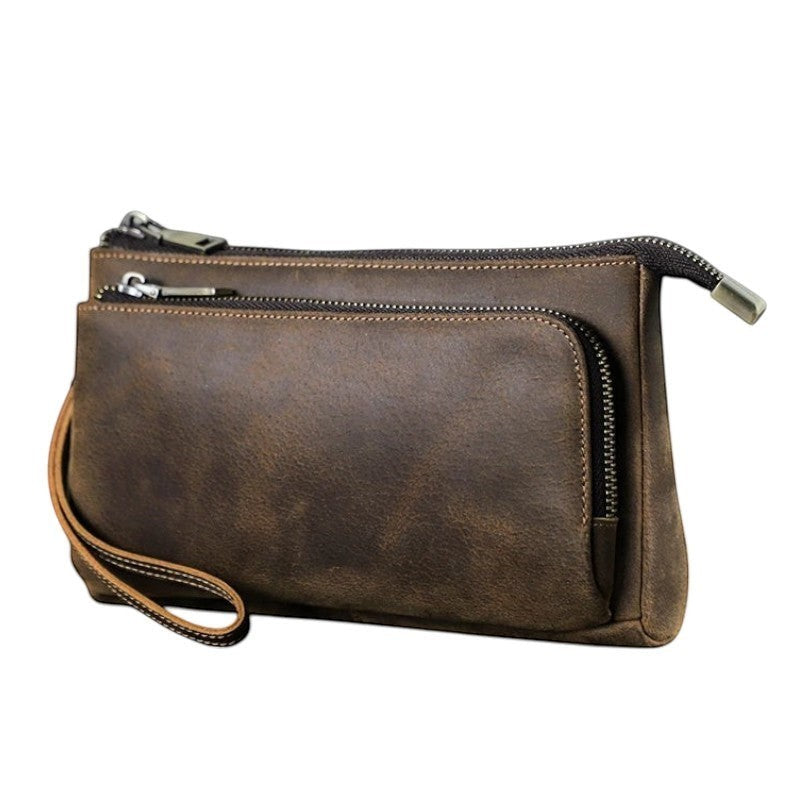Pochette homme Univers Sac en cuir véritable couleur café avec fermetures éclair, style décontracté et dragonne
