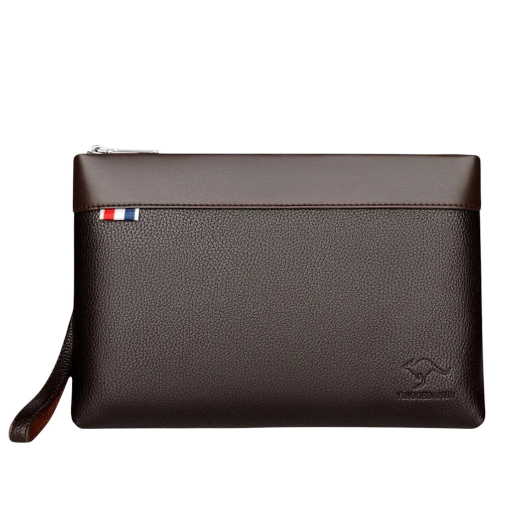 Pochette homme Univers Sac en cuir PU marron avec fermeture éclair et détail tricolore élégant