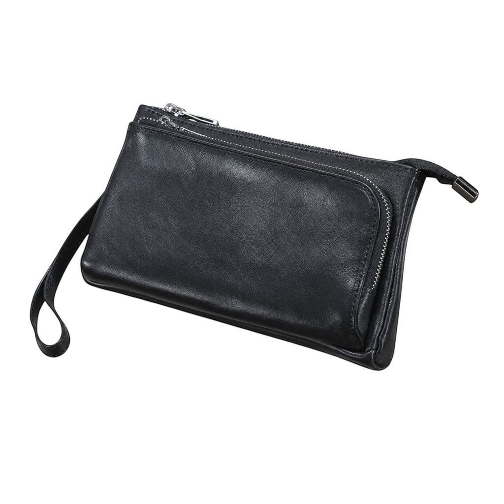 Pochette homme Univers Sac en cuir véritable noir avec fermeture éclair et dragonne, style décontracté et pratique.