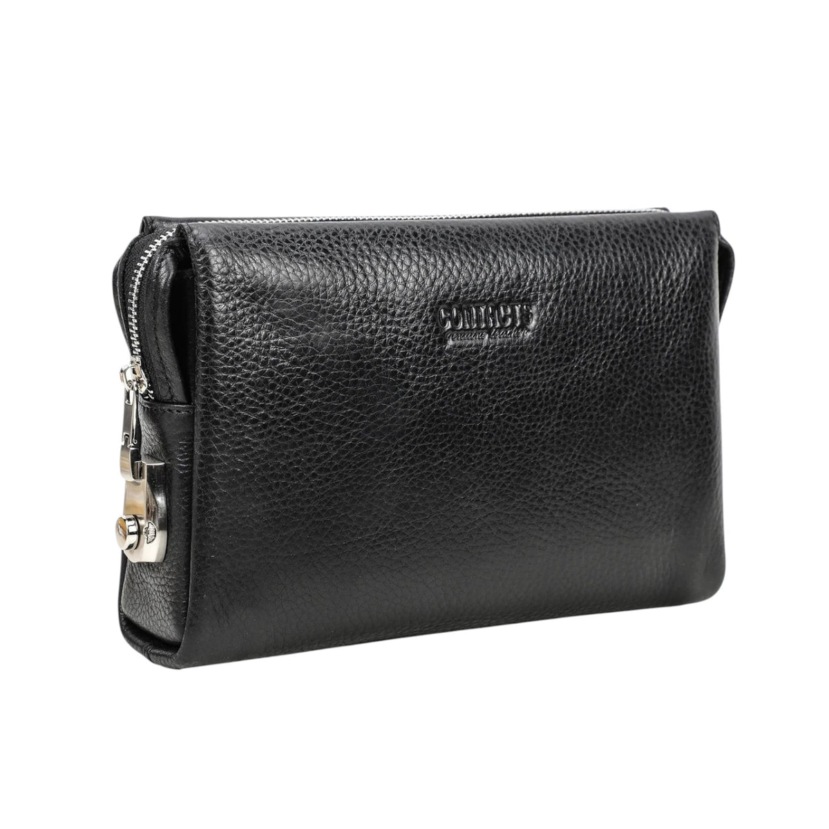 Pochette homme en cuir véritable noir de la marque Univers Sac avec fermeture éclair et design élégant