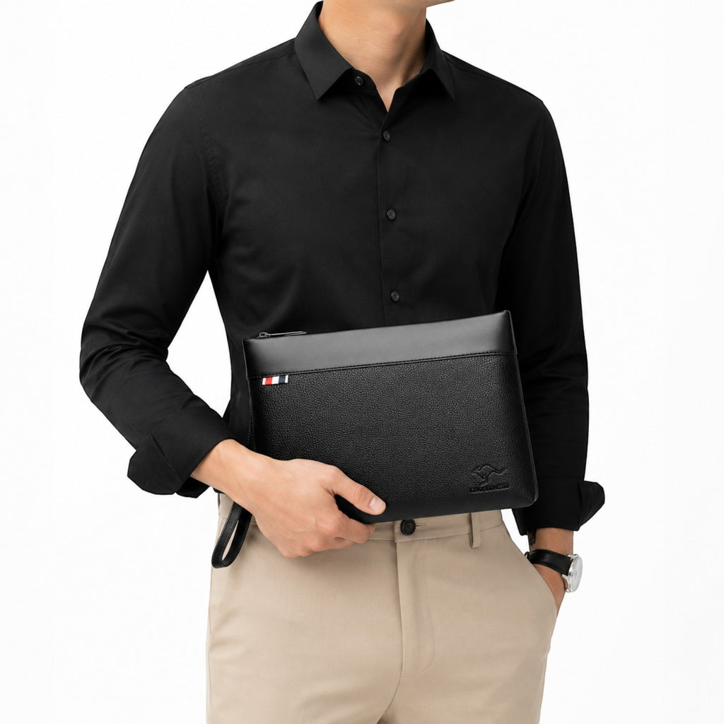 Pochette de luxe Univers Sac en cuir PU noir pour homme avec fermeture éclair et détails élégants