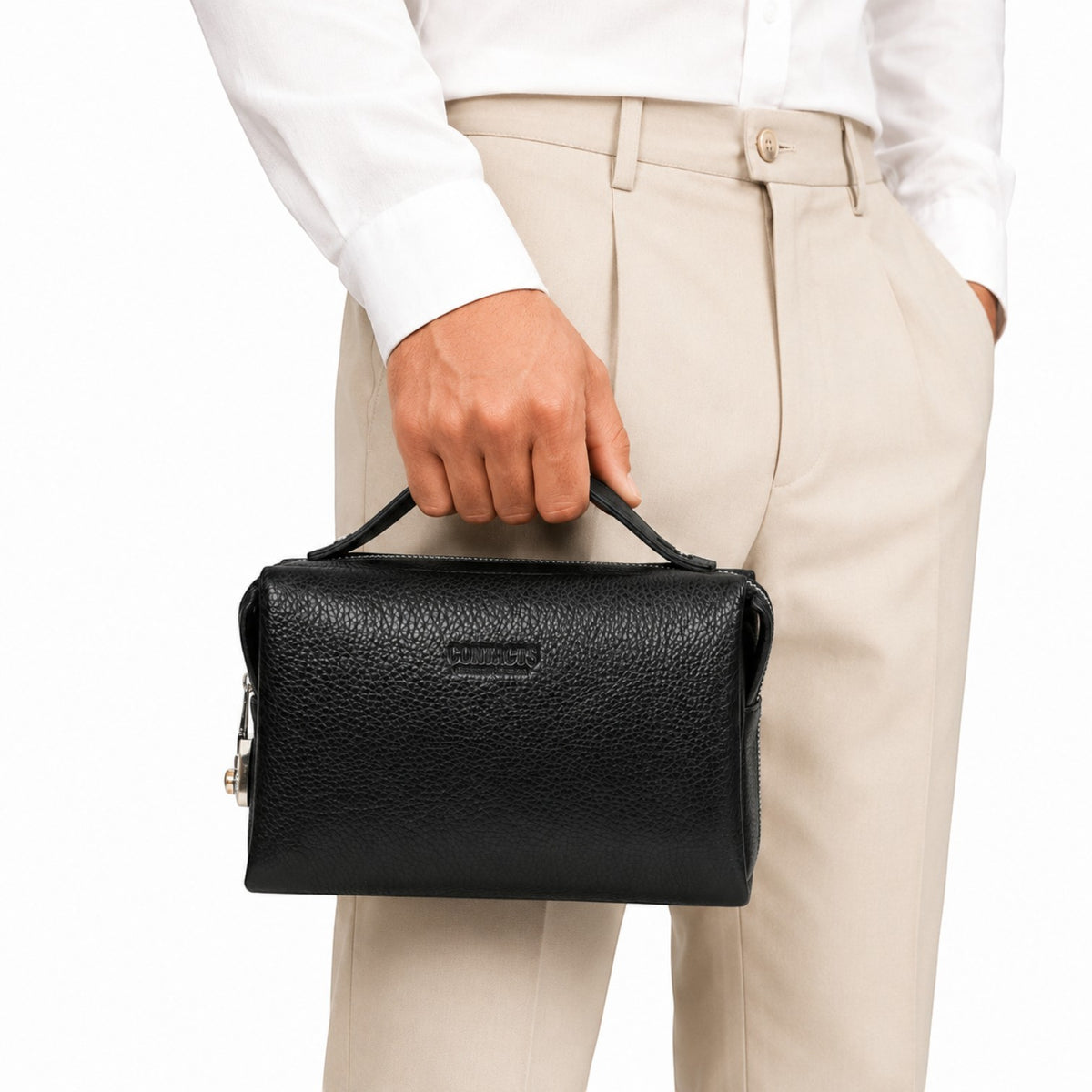 Pochette homme en cuir véritable noir Univers Sac avec poignée, design élégant et spacieux pour accessoires