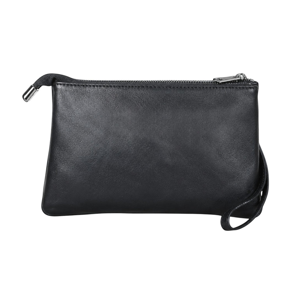 Pochette pour homme Univers Sac en cuir véritable noir avec fermeture éclair et dragonne pratique