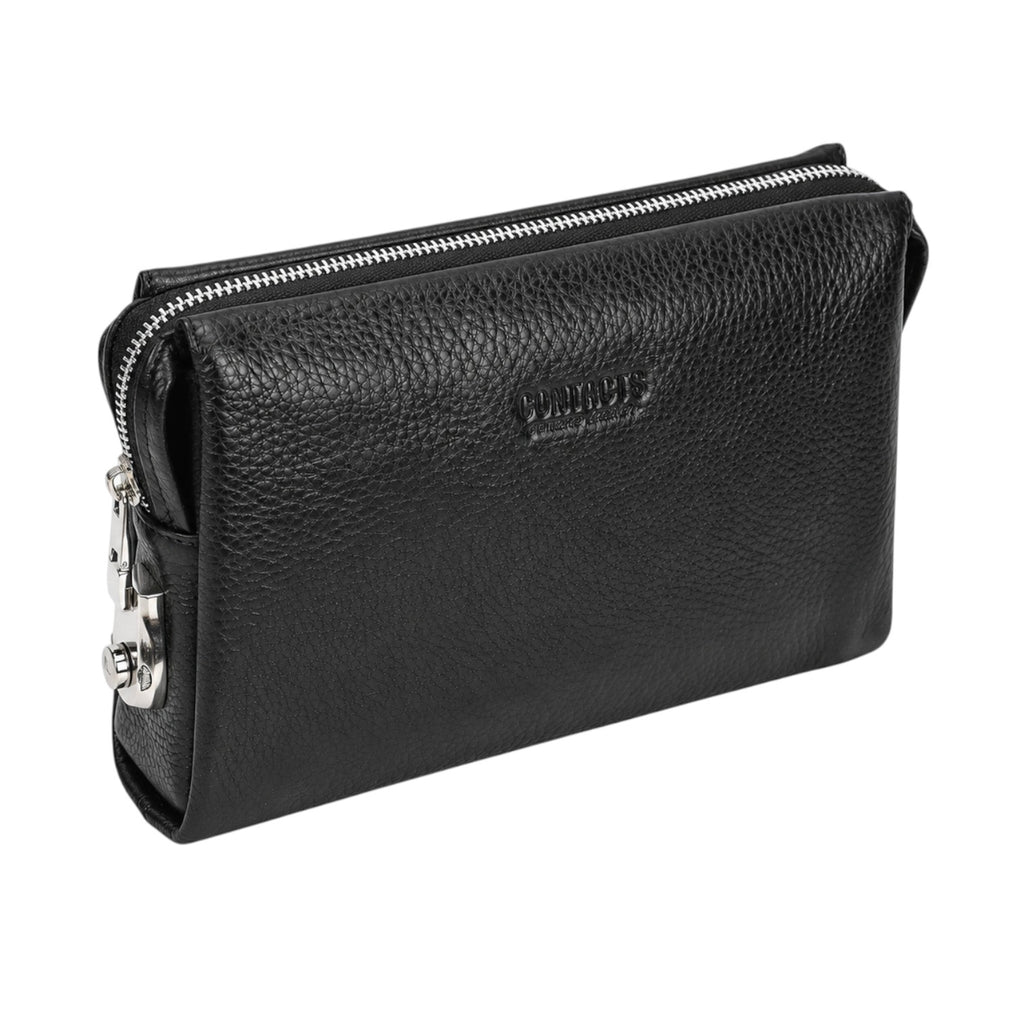 Pochette pour homme Univers Sac en cuir véritable noir avec fermeture éclair et design élégant et fonctionnel
