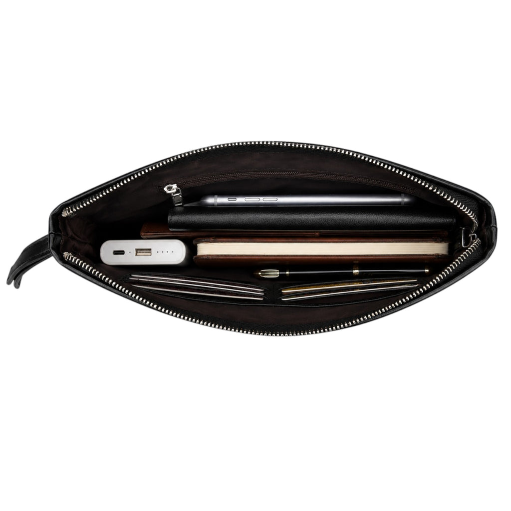 Pochette homme Univers Sac en cuir PU noir, vue intérieure montrant des compartiments pour téléphone et accessoires.